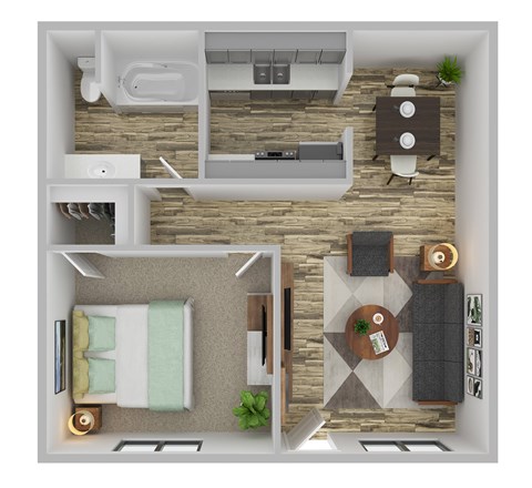 Floor plan for 1 bed, 1 bath, 600 sqft